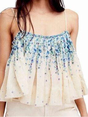 Anthro Floreat Floral Off Shoulder Strap Blouse Blue Cream Small Boho